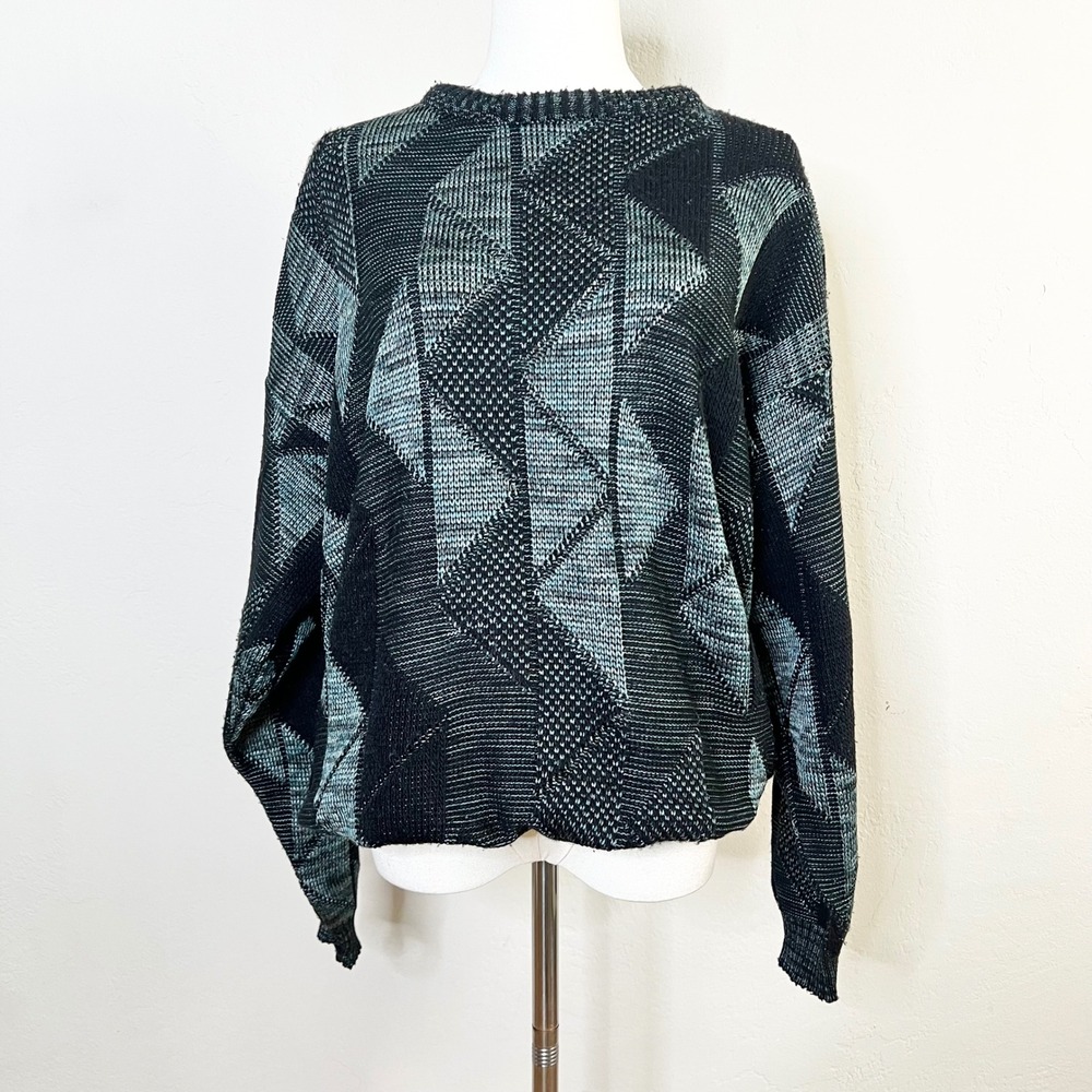 Vintage AREA by‎ TAG Geometric Knit Sweater XL Black Teal Made in USA 90s